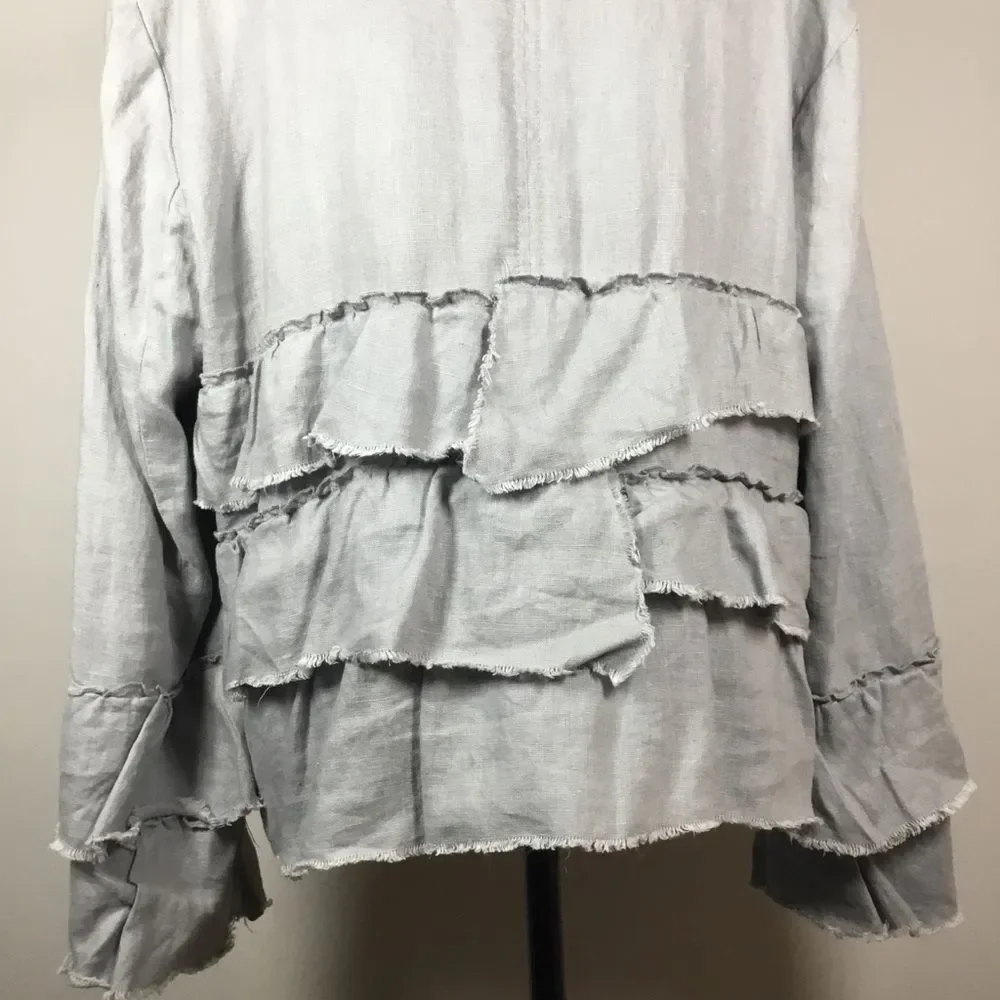 Wide weave gauzy fabric light grey jacket raw edge layers fairycore boho sz L